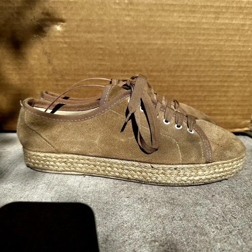 Sundance Ashbury Lace Up Espadrilles Sneakers Low Top Suede Leather Tan 38 7.5